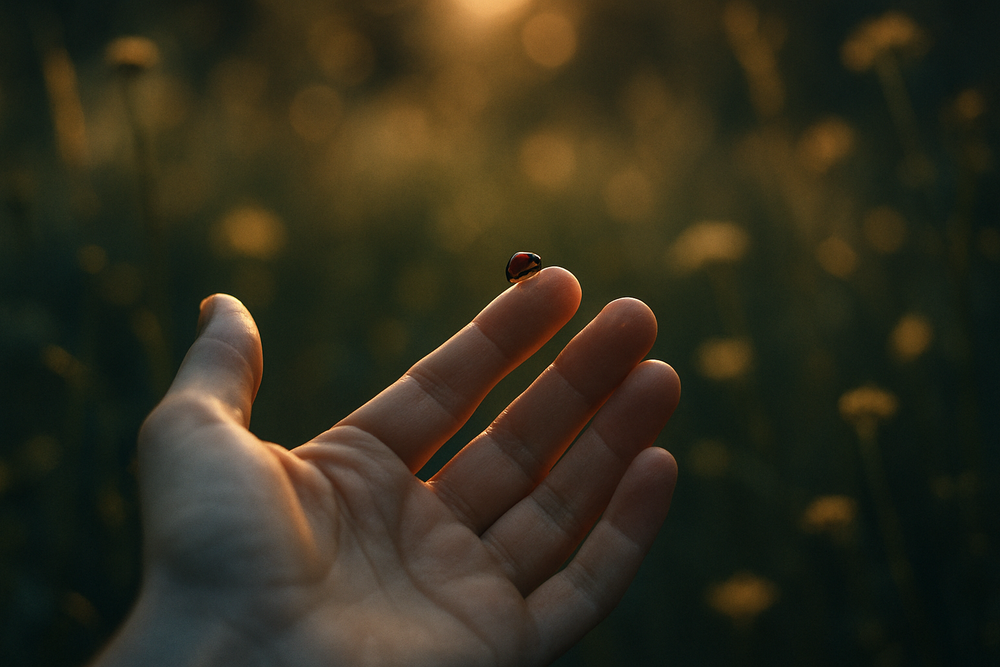 Ladybug resting on an open hand in a sunlit garden