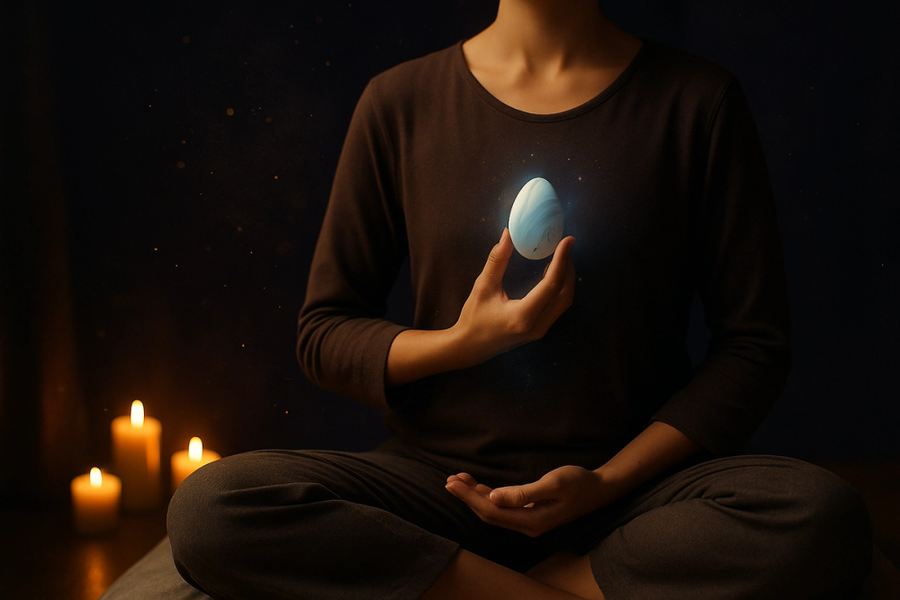 Person meditating with a Gemini crystal for balance and clarity