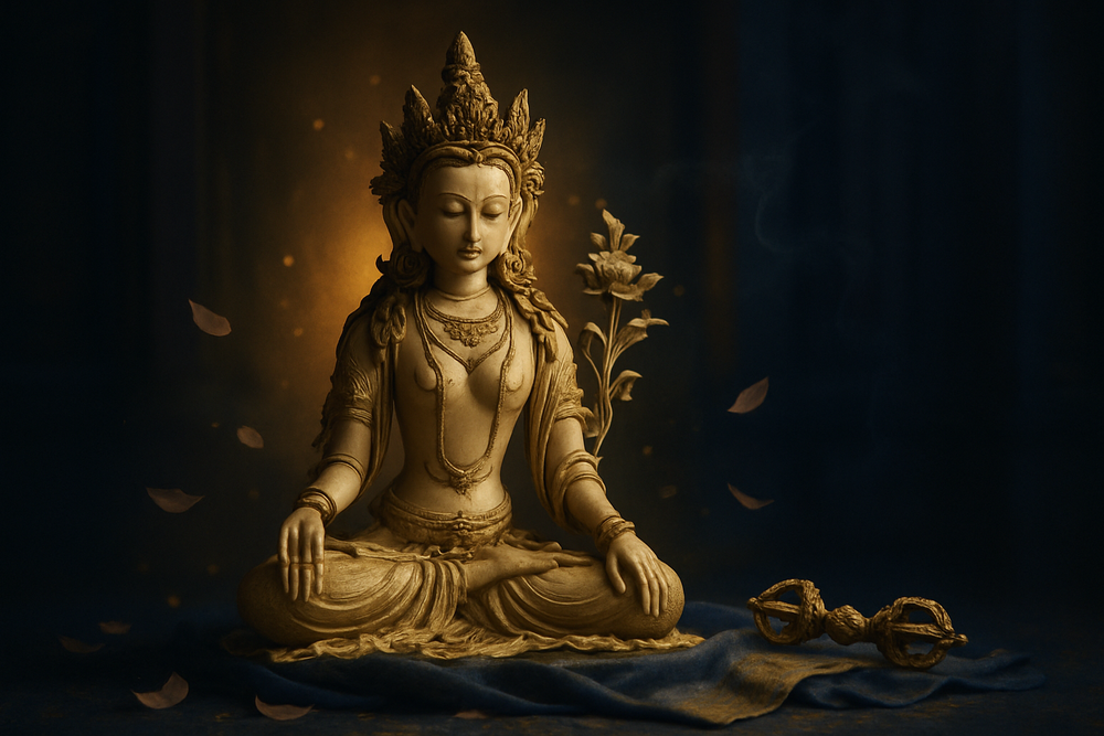 White Tara statue with Vajra symbolizing compassion and spiritual power