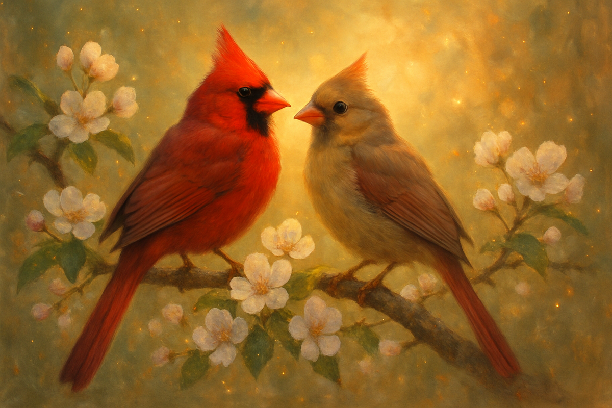 A male and female cardinal pair perched together on a flowering branch