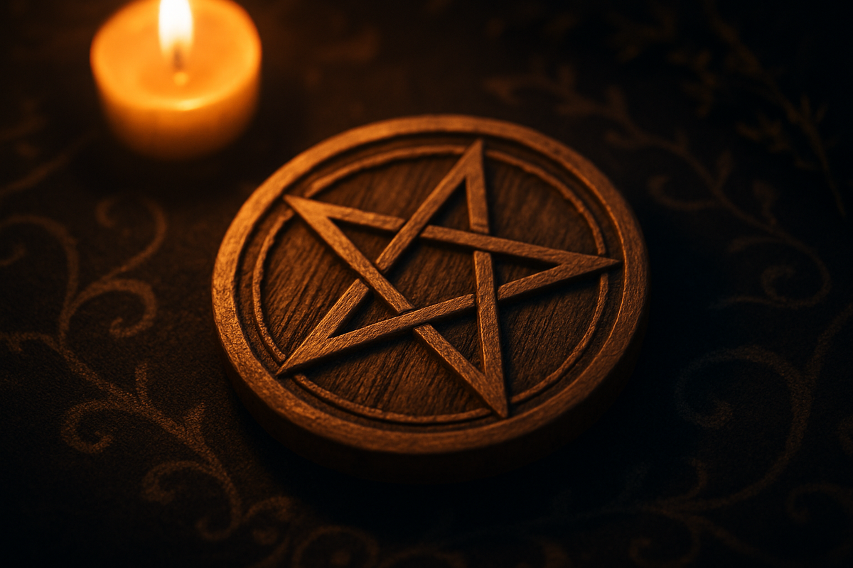 Wooden pentacle symbol representing elemental balance