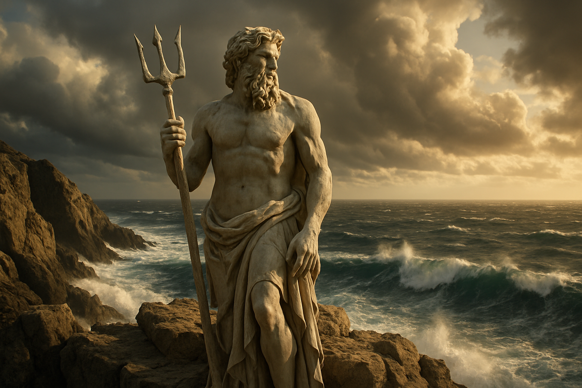Marble statue of Poseidon holding his trident on a cliff above a stormy sea