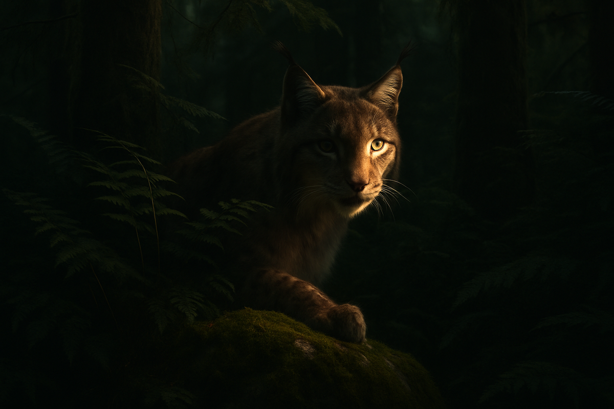 A lynx partially hidden among ferns and shadow in an old-growth forest, symbolizing secrecy and hidden wisdom