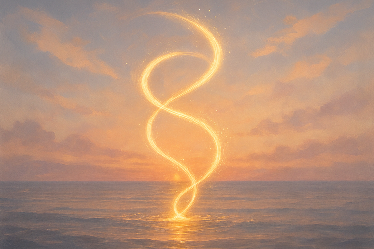 Two glowing light trails symbolizing balance and connection related to angel number 1414 in love