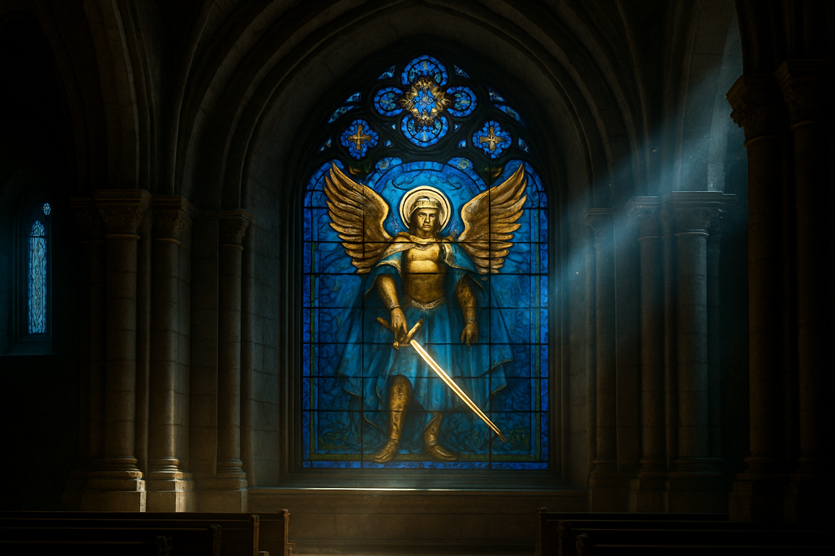 Stained glass window depicting the archangel warrior with a sword inside a cathedral