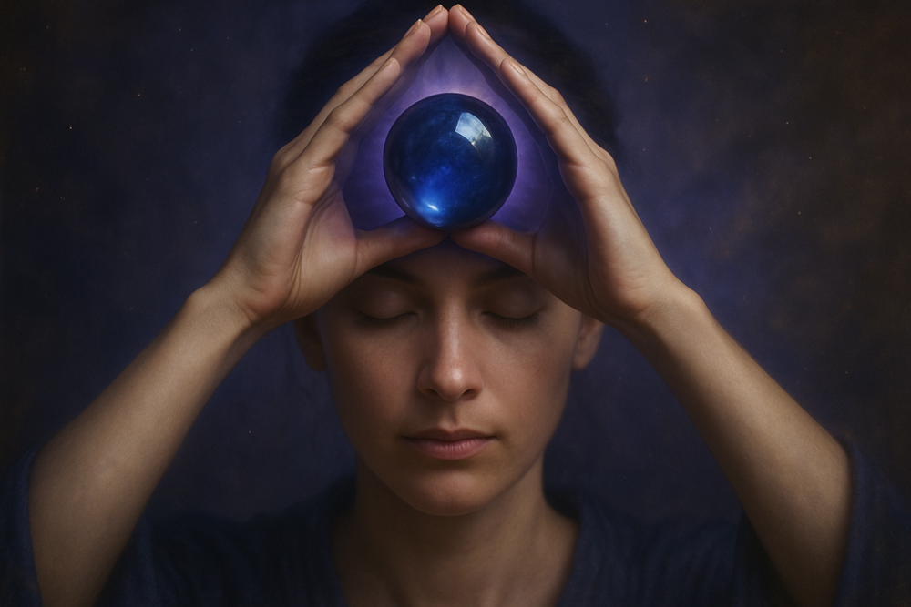 Person meditating with Blue Obsidian at the third eye chakra