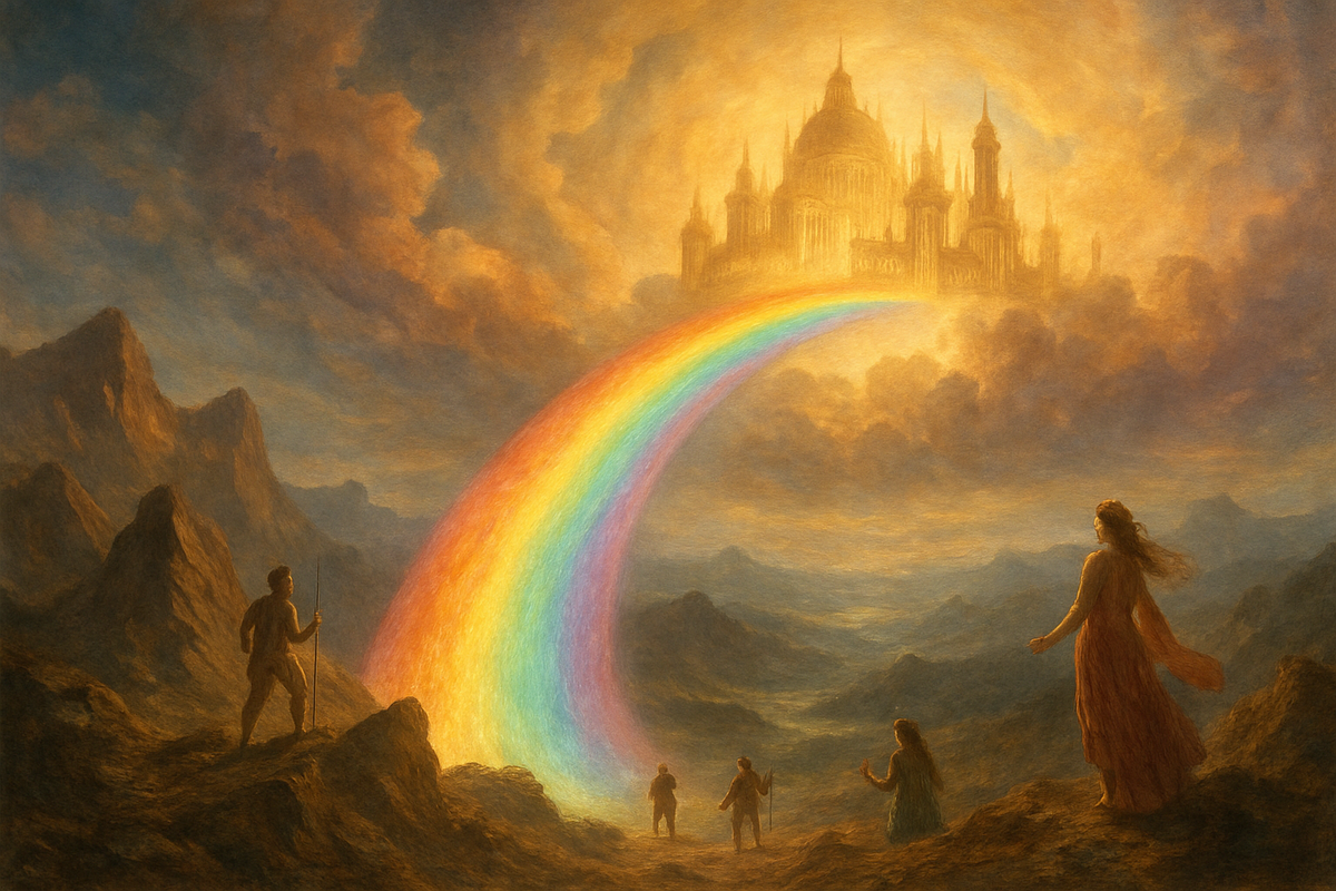 Rainbow bridge connecting earth to a celestial realm in mythological style