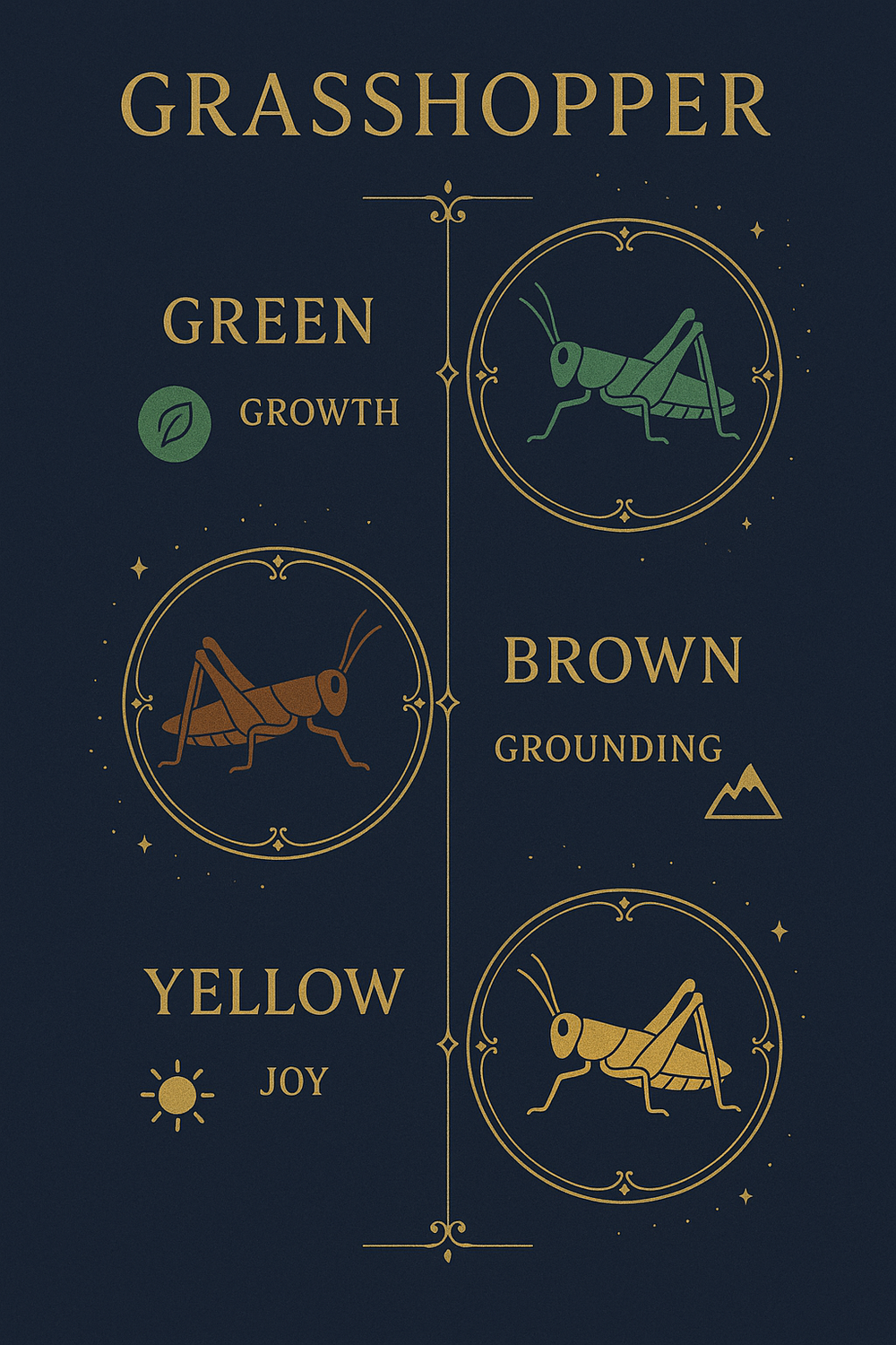 Infographic showing spiritual meanings of green, brown, and yellow grasshoppers