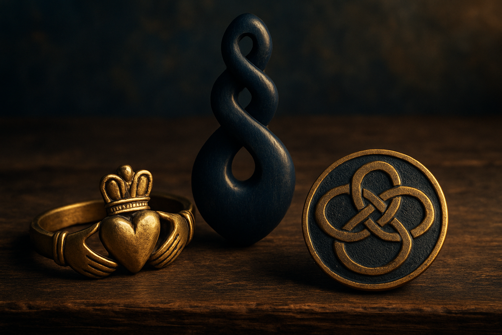 Cultural symbols of friendship including Claddagh and Celtic knot