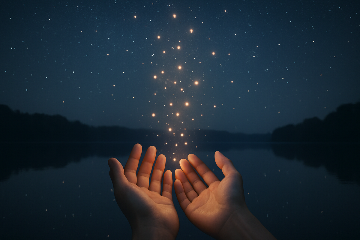 Hands releasing glowing light particles into a starry night sky over a lake