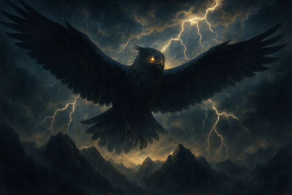 Thunderbird spirit soaring through a storm-filled sky above mountains
