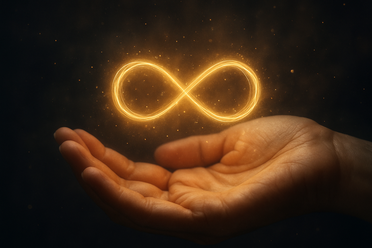 Hands cupping a glowing golden infinity-shaped light symbolizing abundance and new beginnings