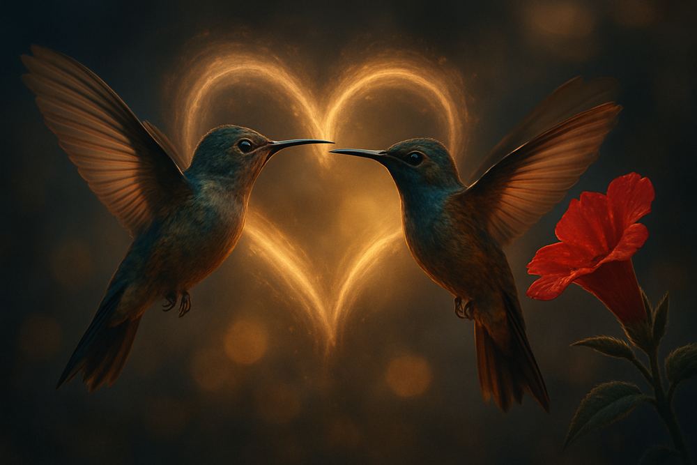 Two hummingbirds facing each other symbolizing twin flame connection