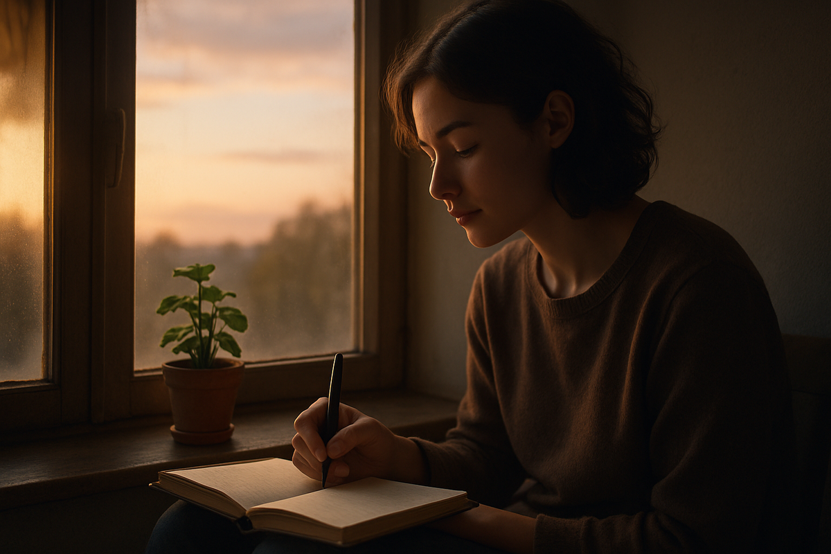 Person journaling at sunrise reflecting on the meaning of angel number 2020