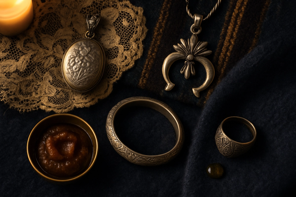 Silver jewelry cleaning traditions from Victorian, Navajo, Indian, and Berber cultures displayed together