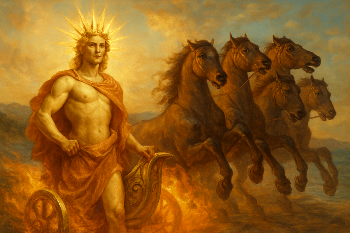 Helios the Titan sun god standing beside his fiery four-horse chariot