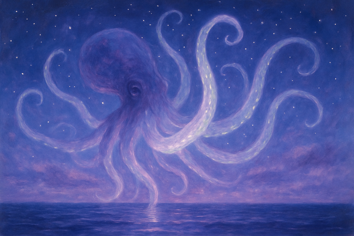 Surreal painting of a glowing octopus reaching through a starry night sky above the ocean, representing dream symbolism