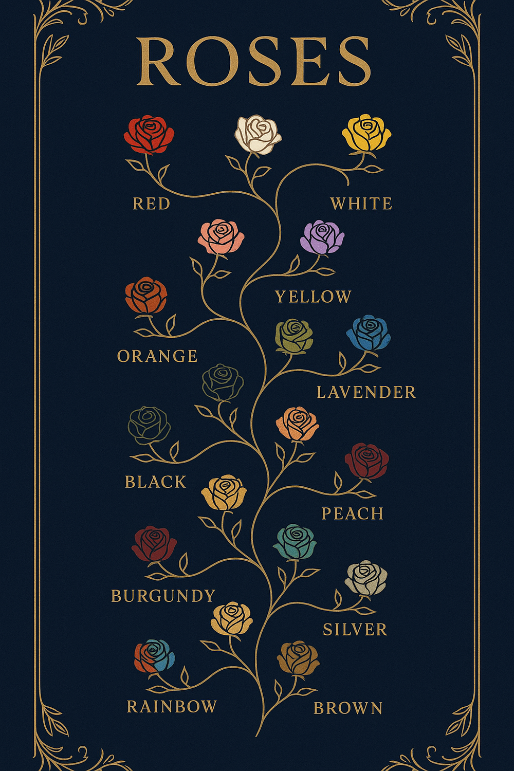 Infographic showing the meanings of 18 rose colors