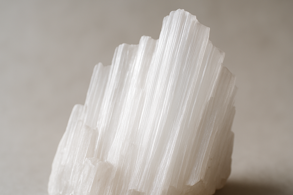 Close-up of raw selenite crystal showing its translucent fibrous luster