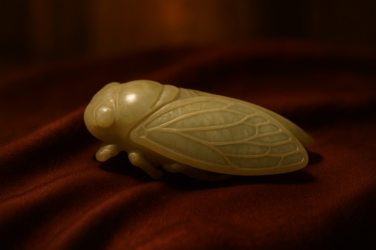 Ancient jade cicada carving resting on dark silk fabric