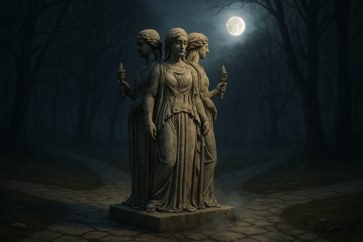 Ancient triple statue of Hecate standing at a moonlit crossroads