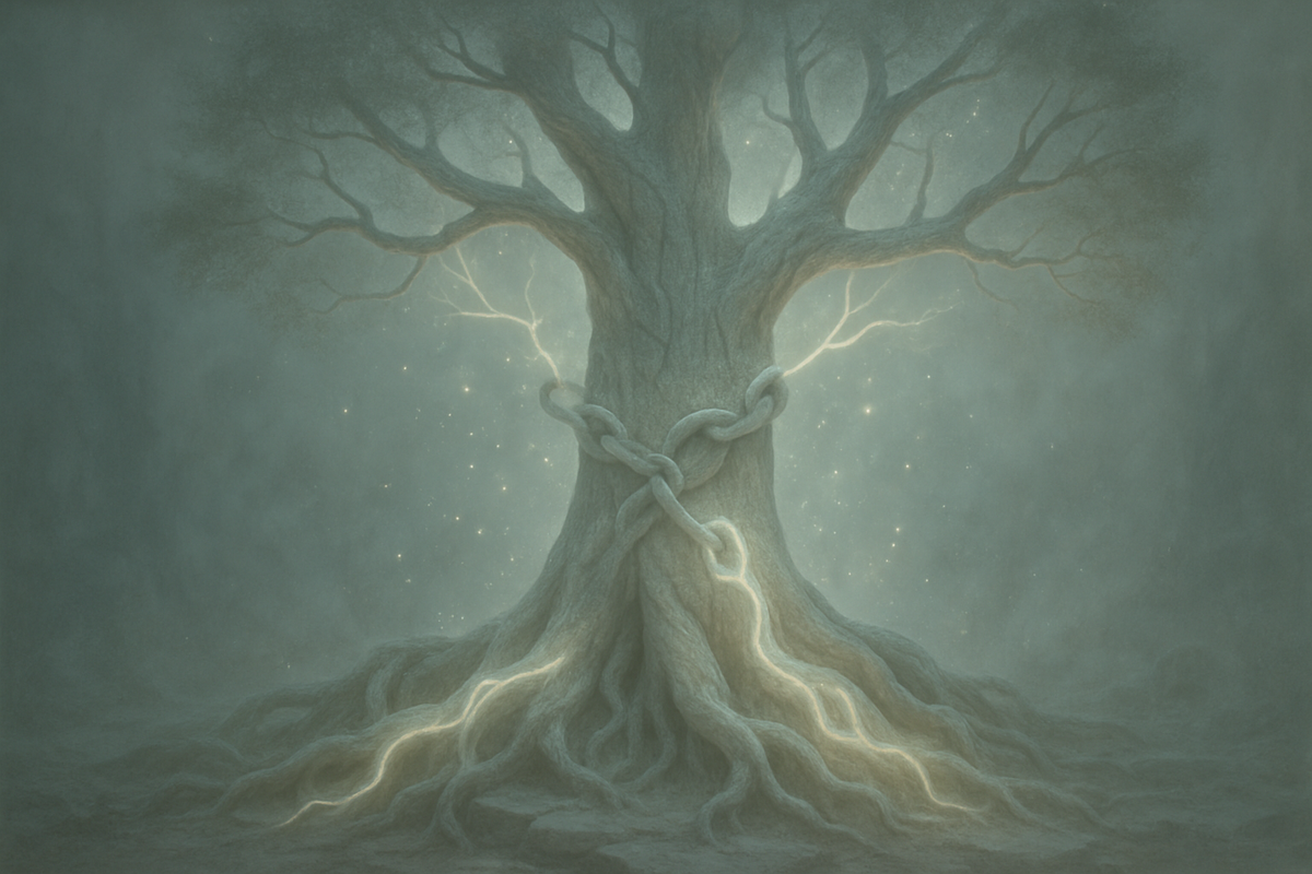 A glowing tree of life intertwined with a broken chain representing spiritual freedom