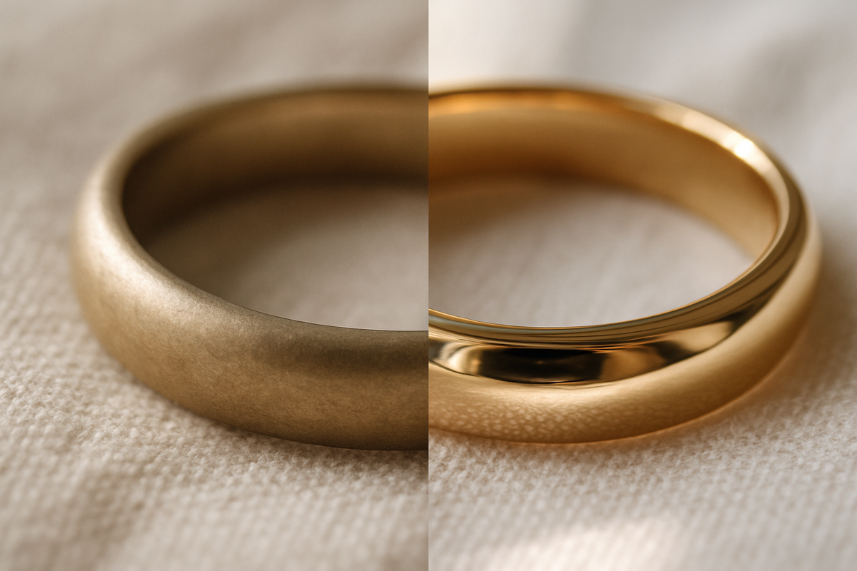 Before and after comparison of a dull gold ring cleaned to a bright shine