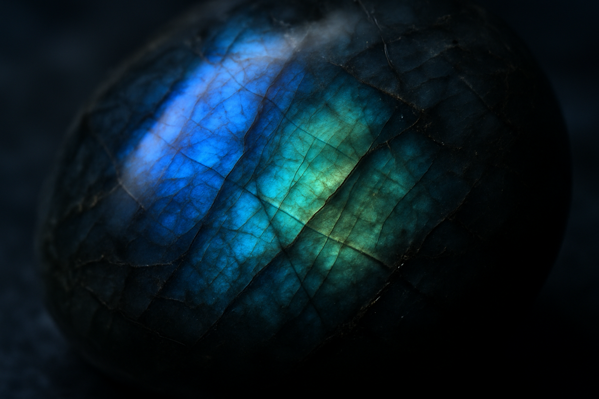 Polished labradorite stone showing blue-green flash of light