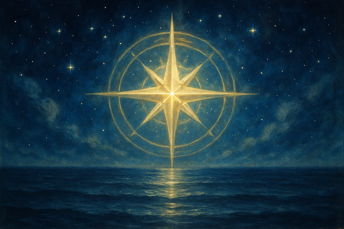 Glowing compass rose symbolizing the four cardinal directions and cosmic balance