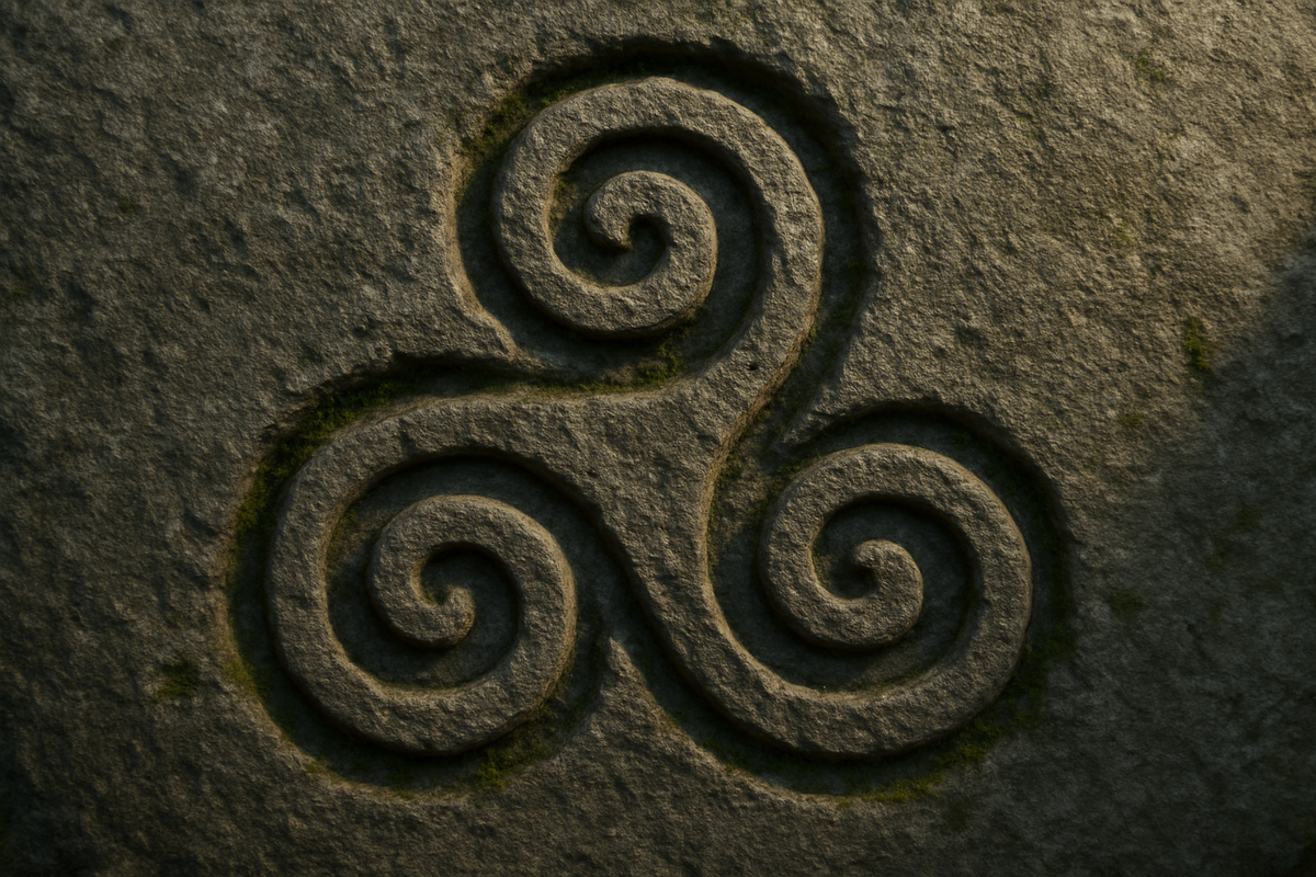 Ancient Celtic triple spiral carved into stone at a Neolithic site