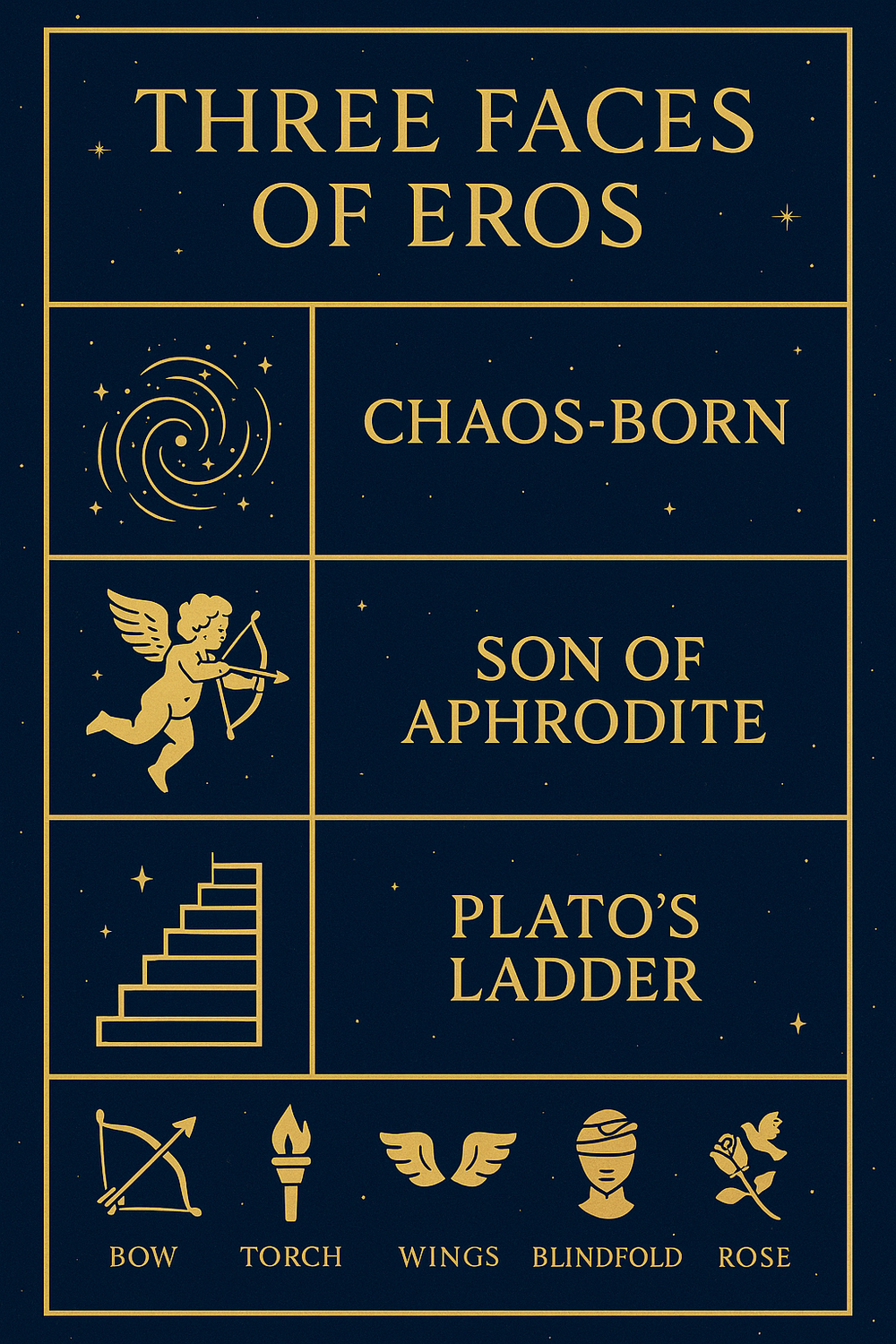 Infographic illustrating the three mythic origins of Eros and his key symbols