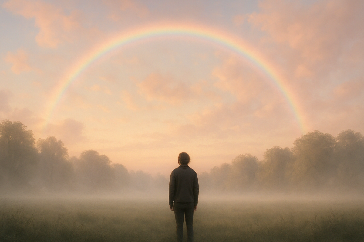 Person gazing at a soft rainbow in a misty dawn meadow