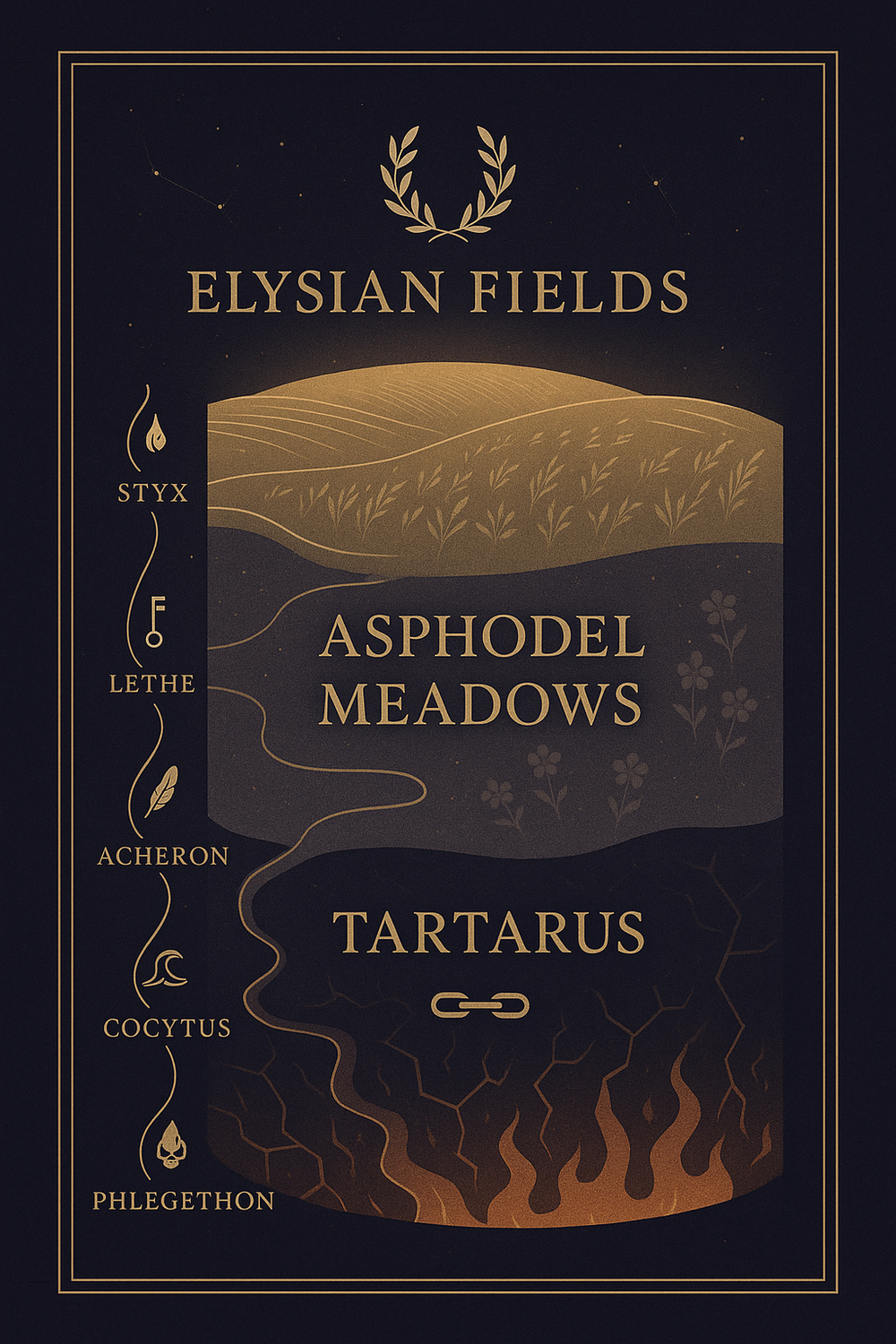 Infographic of the layered Greek underworld realms and five rivers