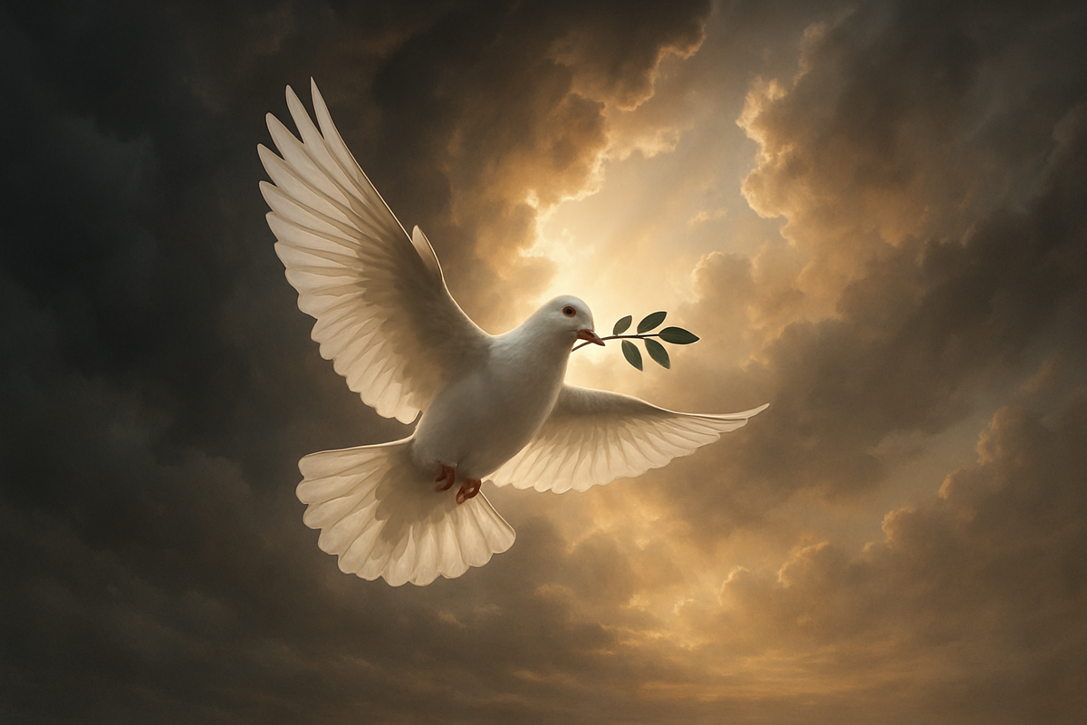 White dove flying through storm clouds carrying an olive branch, symbolizing peace
