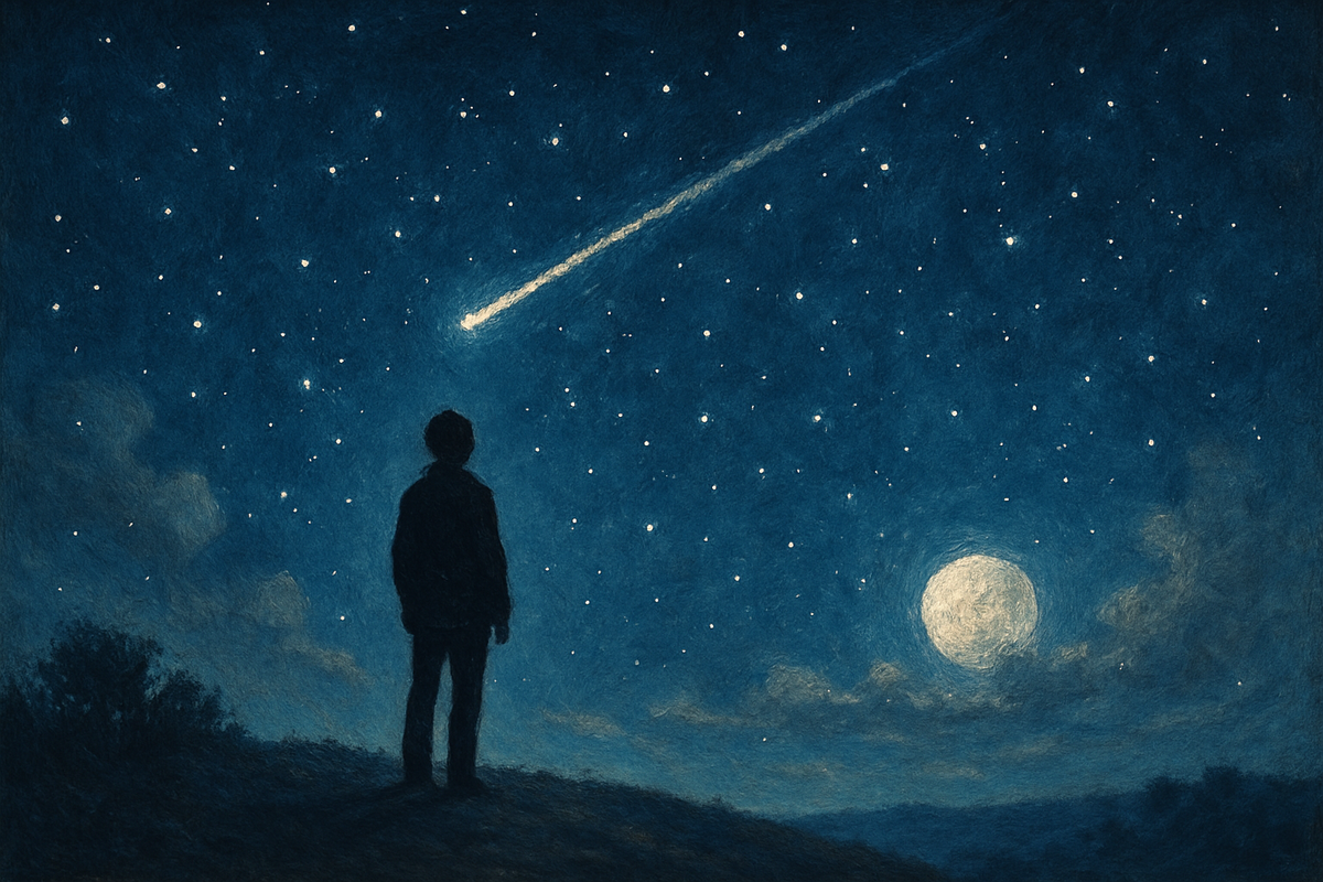 A person gazing up at a shooting star streaking across a starry night sky