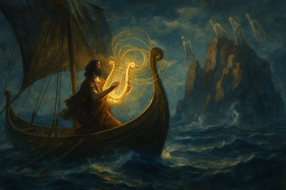 Orpheus playing his lyre to drown out the Sirens' song as the Argo sails past