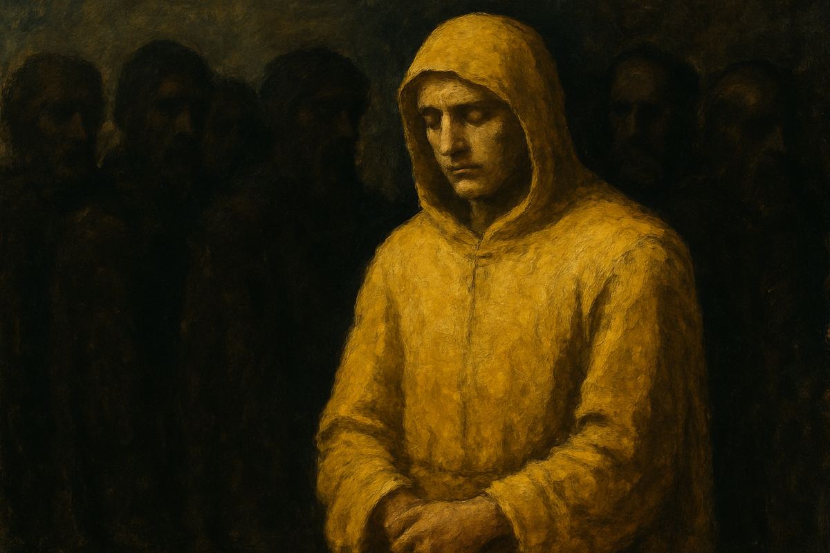 Figure in yellow robe symbolizing betrayal in medieval art style