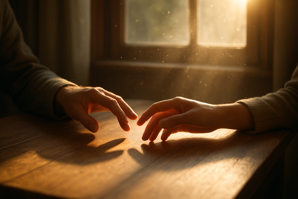 Two hands reaching toward each other in warm morning light symbolizing reunion