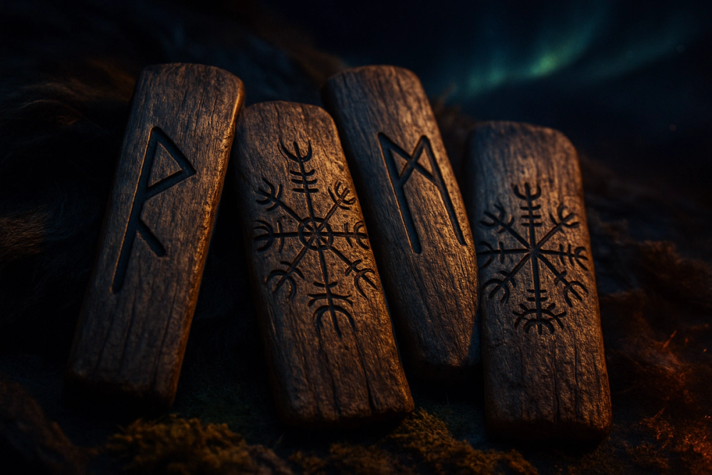 Norse runes and Icelandic magical staves carved into wood