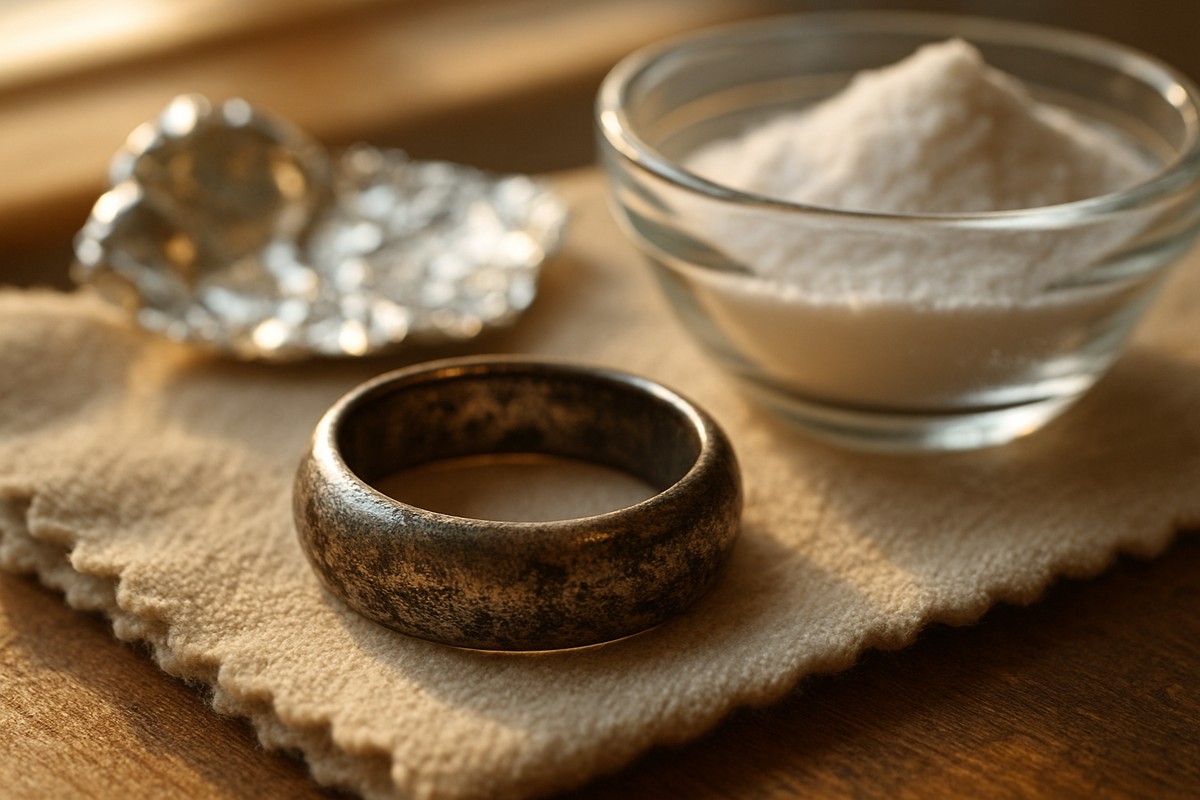 Tarnished sterling silver ring next to baking soda and aluminum foil for home cleaning