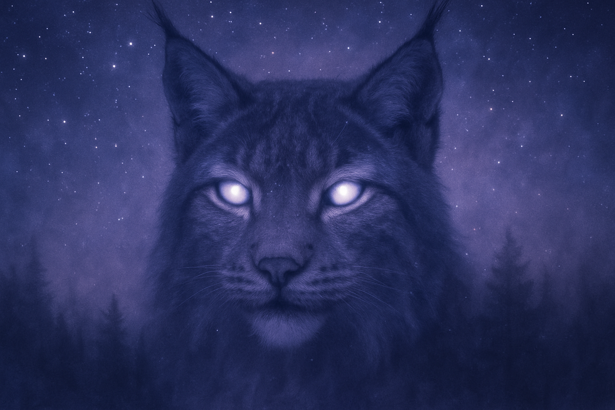 Ethereal double-exposure image of a lynx merging with a starry night sky, representing intuition and dream symbolism