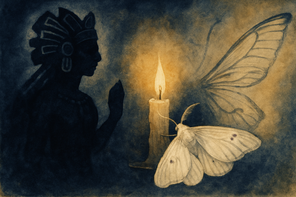 Symbolic illustration representing moth mythology across Aztec, Chinese, and European folklore
