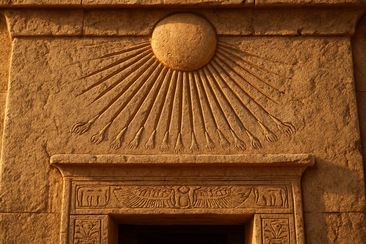 Ancient stone carving of a sun disc with radiating rays above a temple entrance
