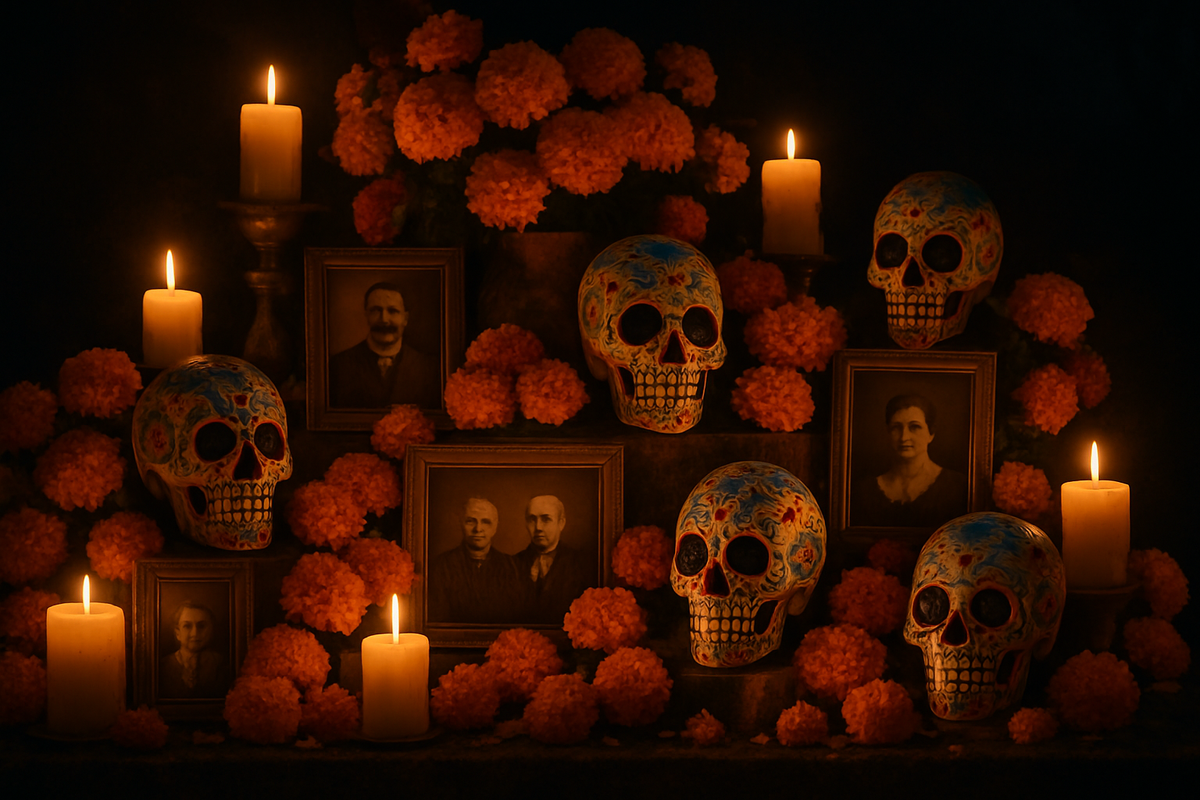 A Day of the Dead altar decorated with marigolds, candles and sugar skulls