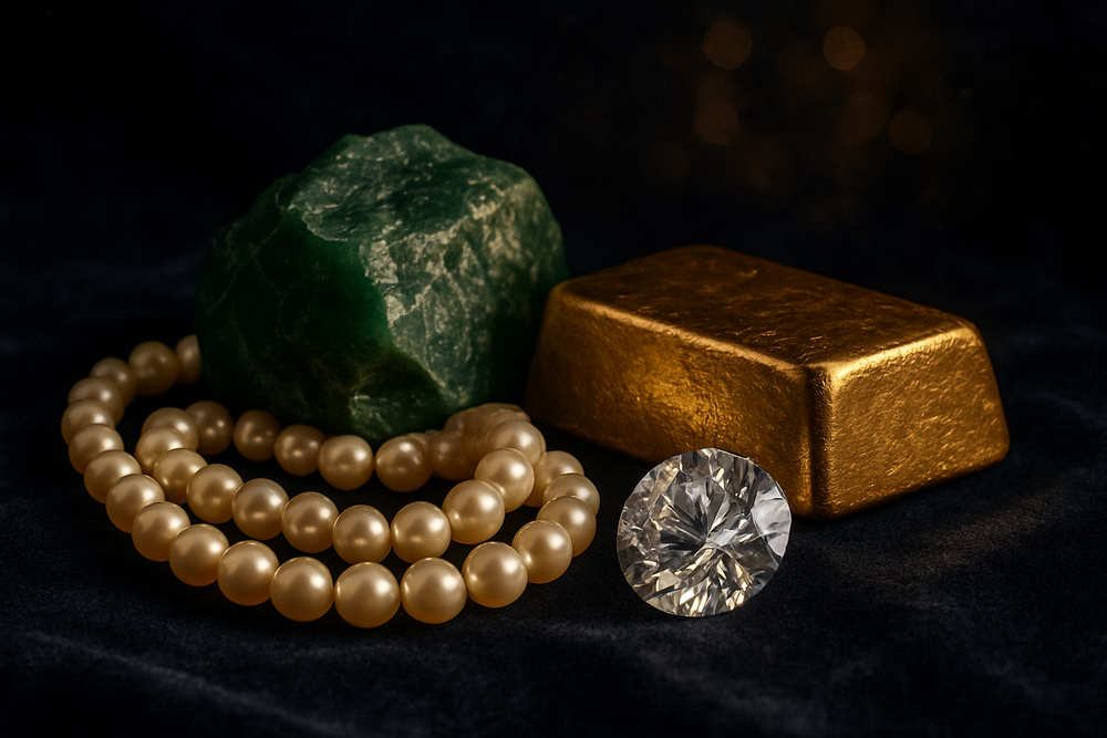 Gold, diamond, jade, and pearls representing timeless beauty symbolism