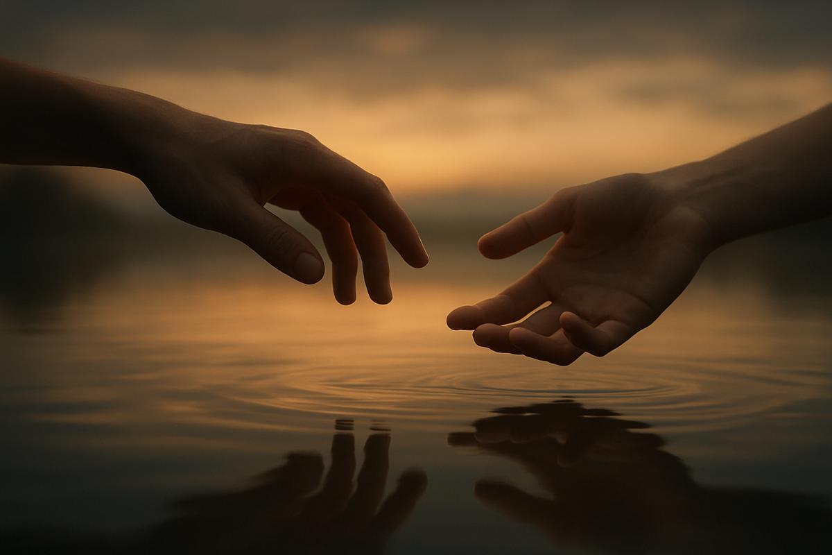 Two hands reaching toward each other over reflective water symbolizing balance and connection