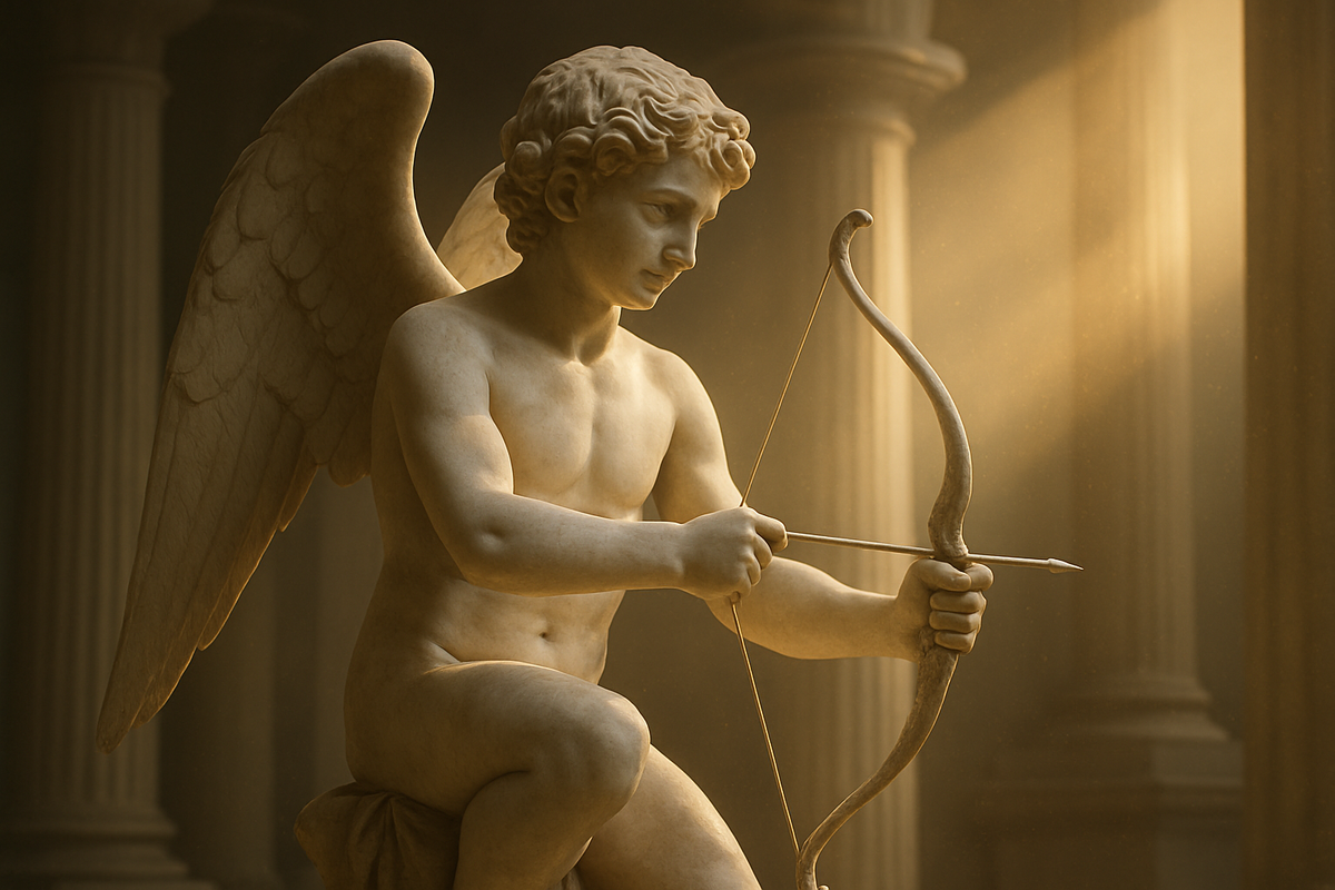 Marble statue of the winged Greek god Eros holding a bow