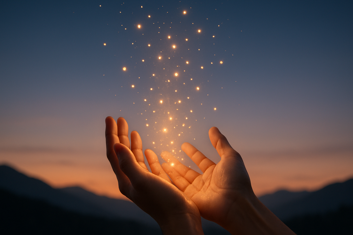 Hands releasing glowing light particles into the sky representing trust and spiritual release tied to 717
