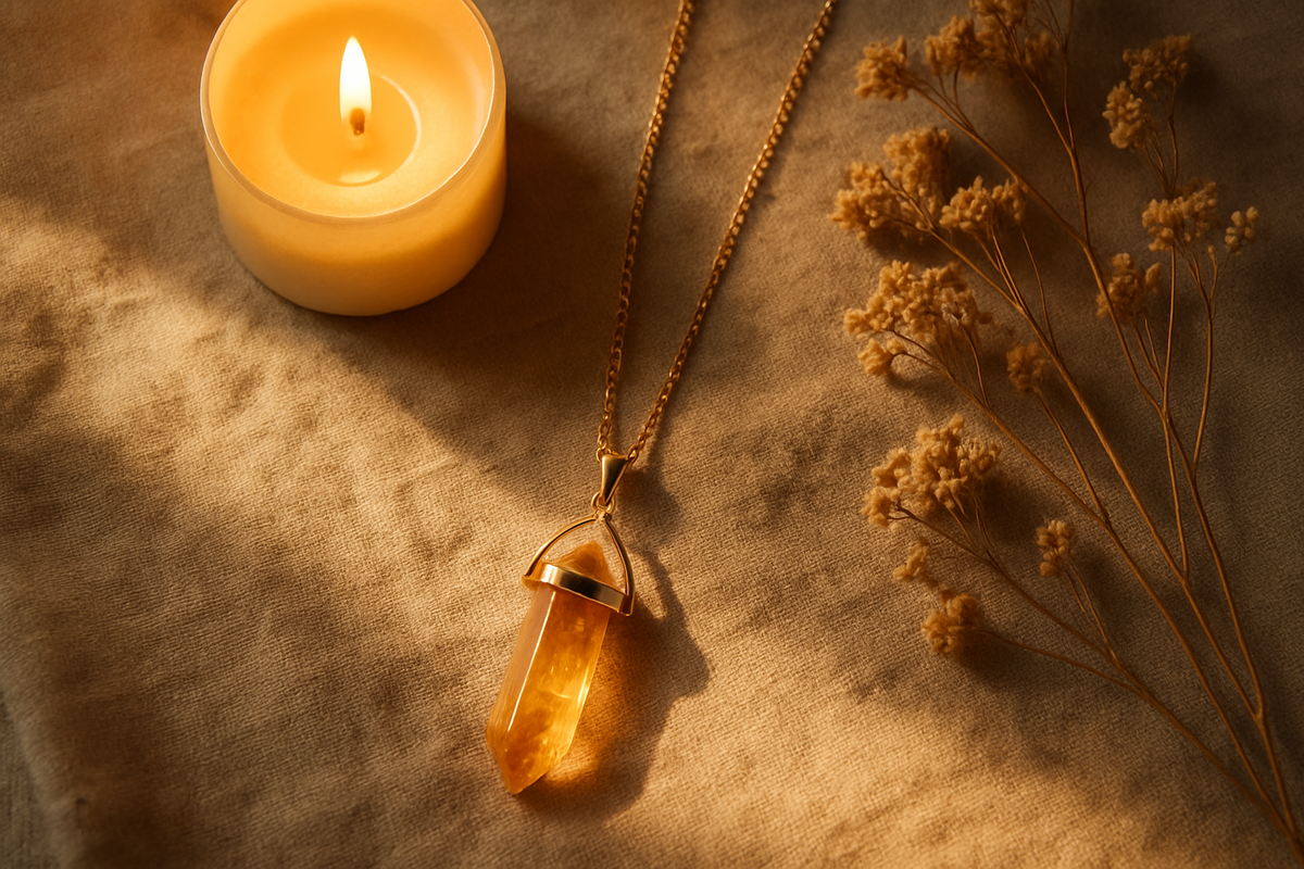 Citrine pendant necklace arranged with candle and dried flowers for a meditation ritual