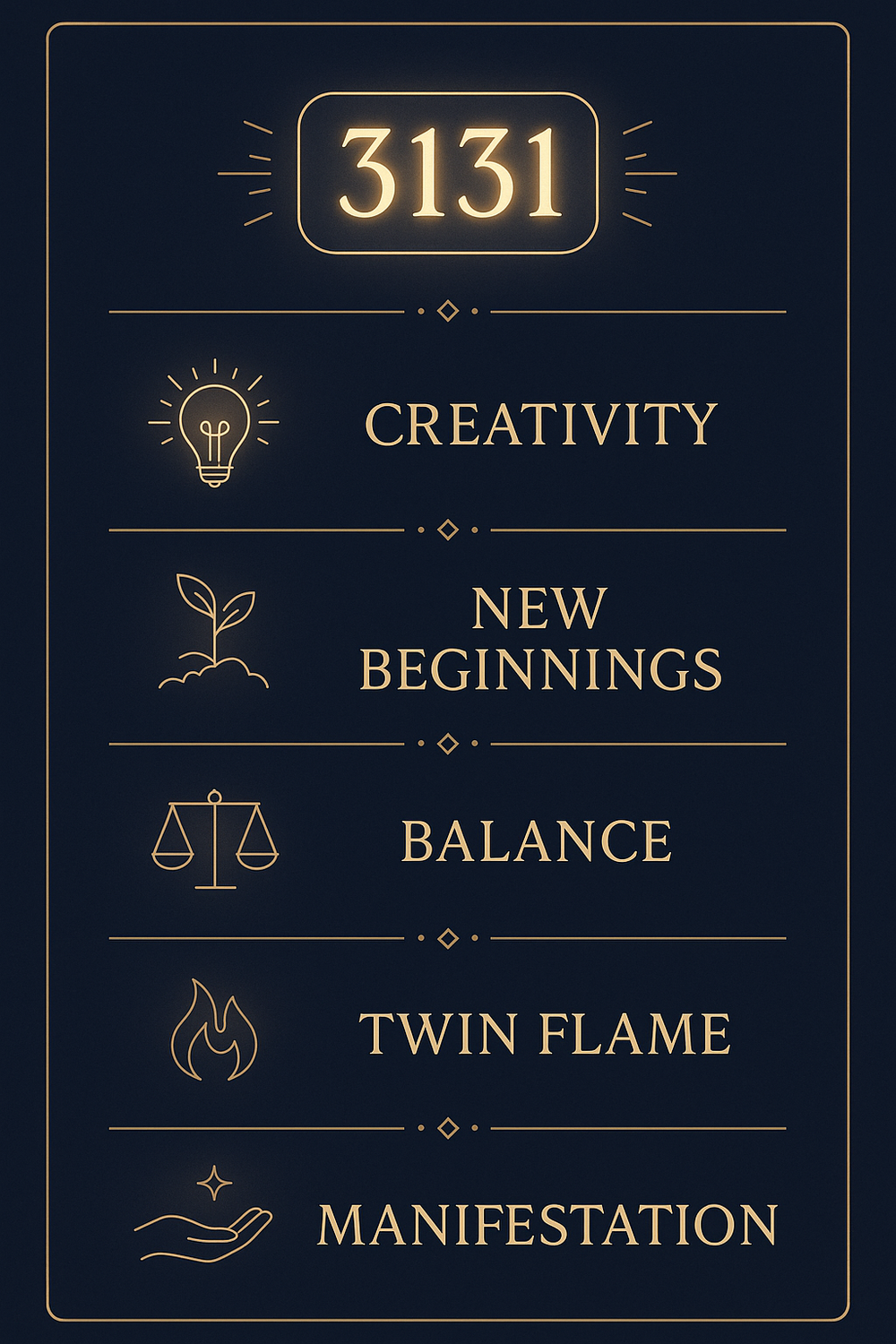 Infographic summarizing the key meanings of angel number 3131